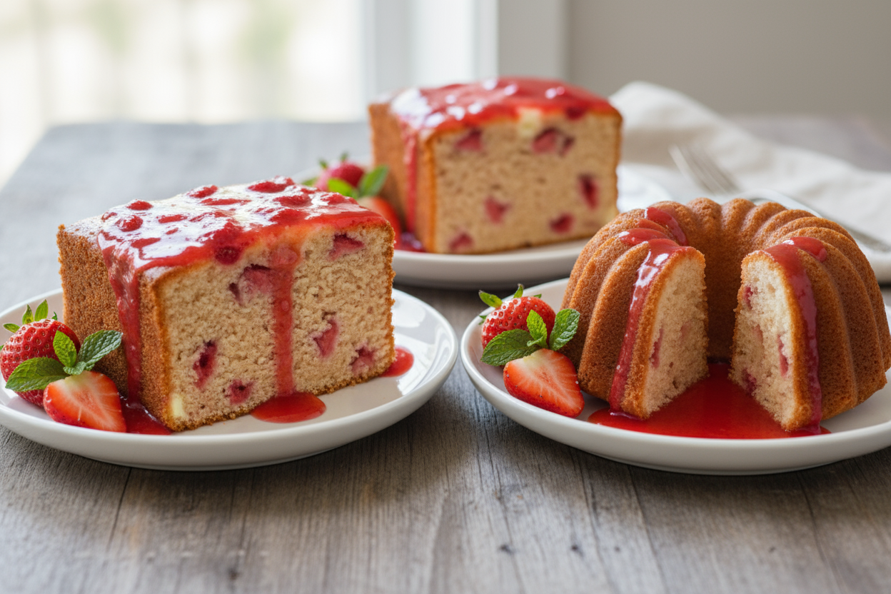 A slice of strawberry rum cream cheese pound cake with strawberry sauce and a slice of the bundt cake with the sauce as well