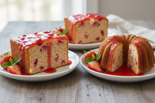 A slice of strawberry rum cream cheese pound cake with strawberry sauce and a slice of the bundt cake with the sauce as well