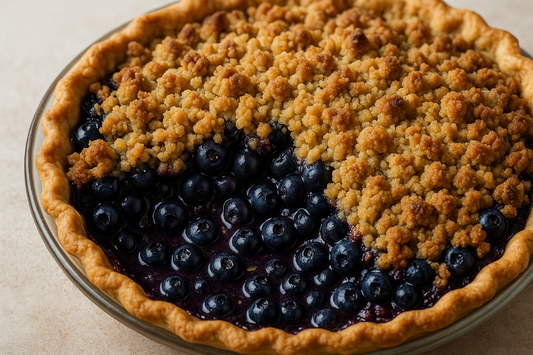 Blueberry Lemon Crumble Pie with golden brown sugar topping and fresh blueberry filling