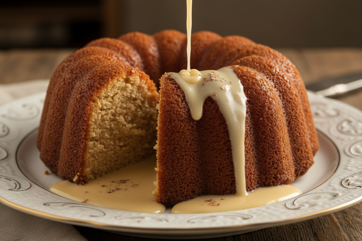 bourbon rum pound cake with bourbon rum cream anglaise sauce