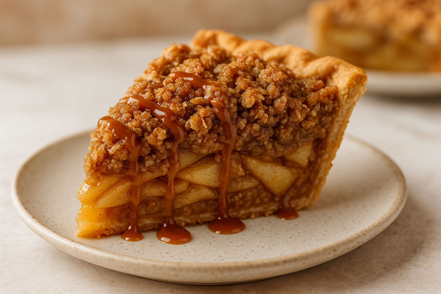 Caramel Apple Streusel Pie slice with crumbly topping and caramel drizzle