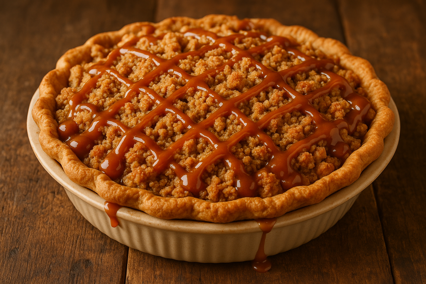Caramel Apple Streusel Pie with crumbly topping and caramel drizzle