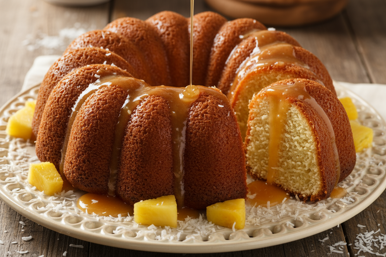 coconut rum bundt cake with pineapple rum sauce