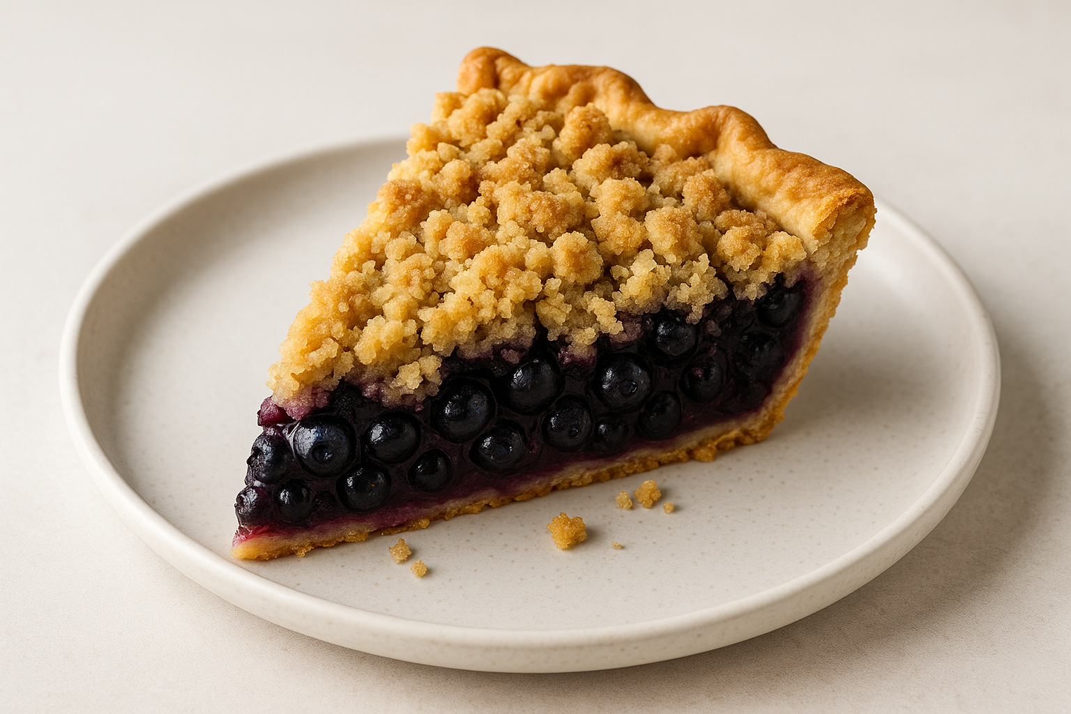 One clean slice of blueberry pie with a streusel on top