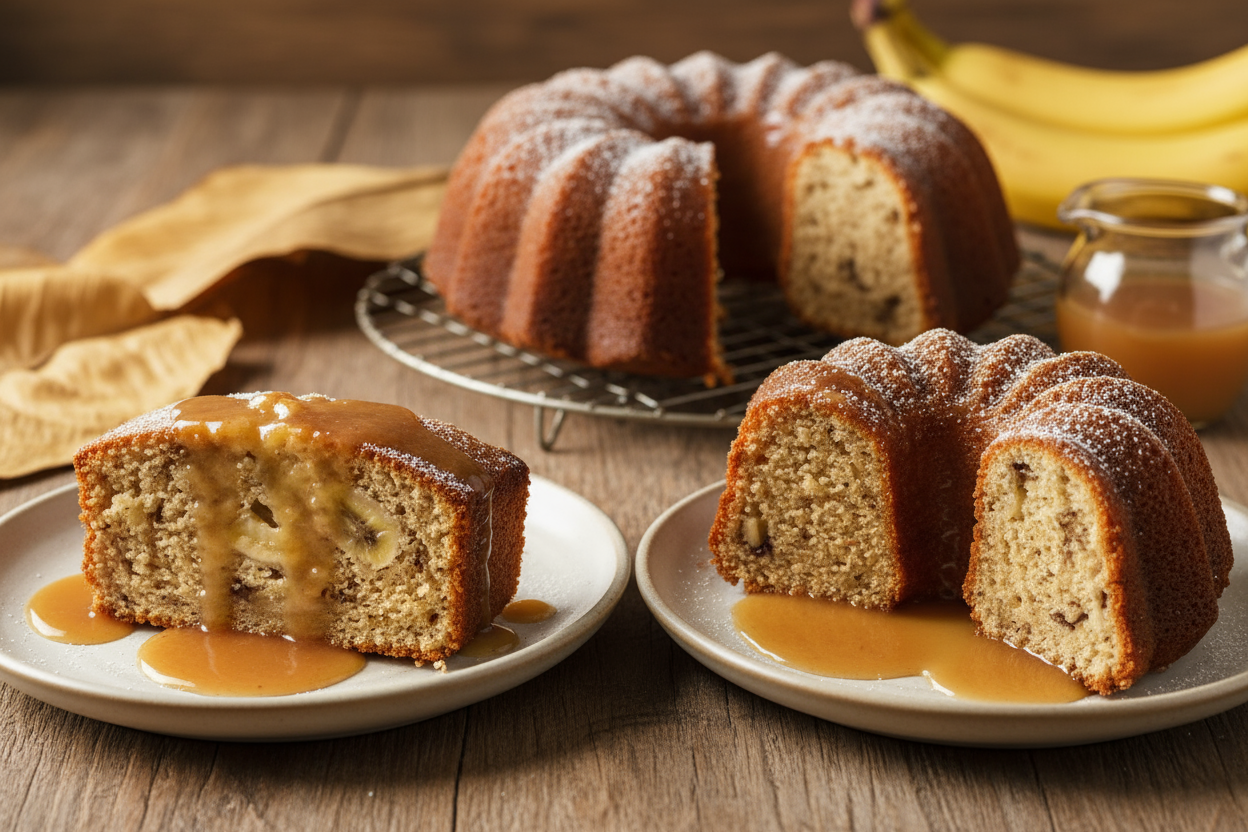 one slice of banana rum pound cake and one slice of banana rum bundt cake with sauce on each slice