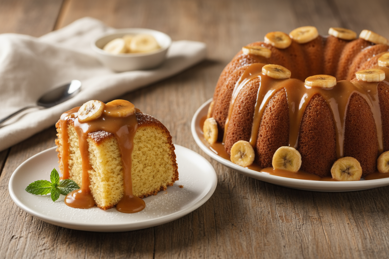 slice of banana rum bliss pound cake and bundt cake with banana fosters rum sauce on both