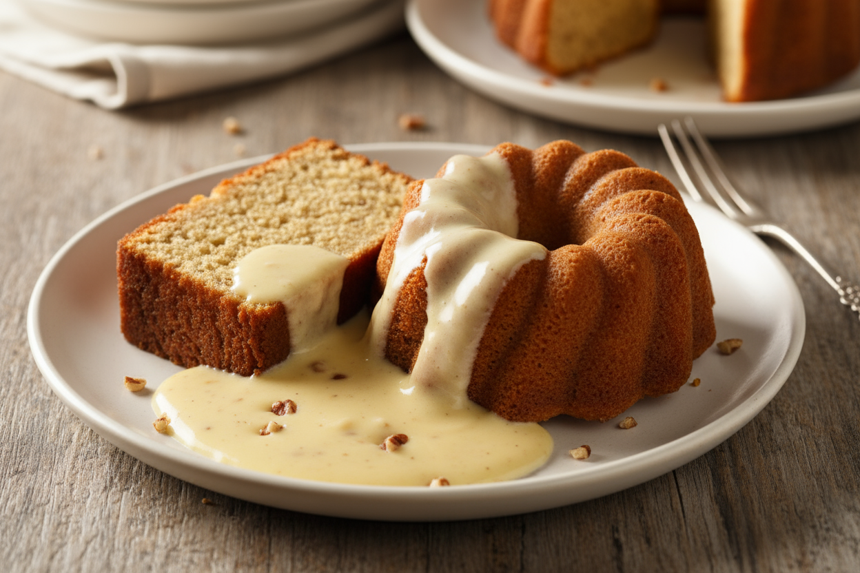 slice of bourbon rum pound cake and slice of bourbon rum bundt cake with bourbon creme anglaise on both