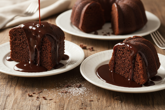 slice of chocolate pound cake and slice of chocolate bundt cake, both with chocolate sauce