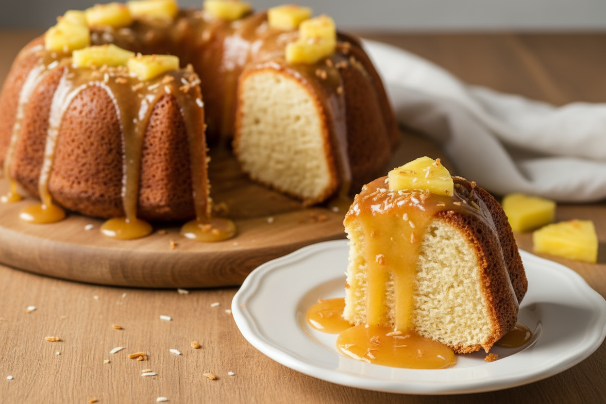 slice of coconut rum pound cake and bundt cake with the pineapple rum sauce for both