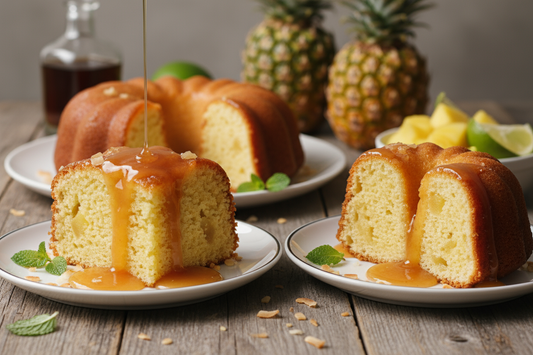 slice of pineapple rum pound cake, a slice of pineapple rum bundt cake and pineapple rum sauce on both slices