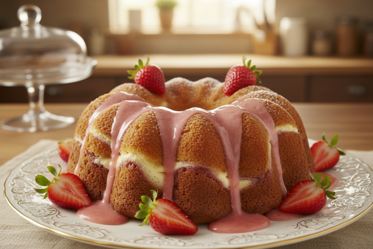 strawberry rum cream cheese bundt cake with strawberry rum sauce